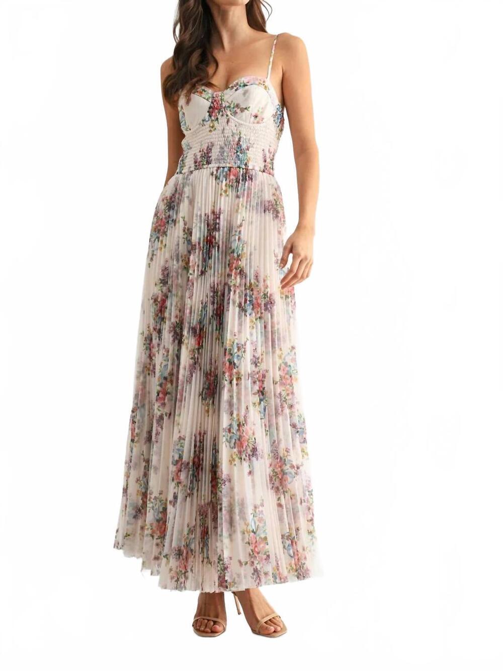 NEW CAMELLIA pleated floral tulle maxi dress in beige